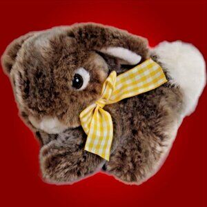 VTG Walmart Bunny Rabbit Brown Glass Eyes with Yellow Check Bow 6" Plush